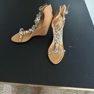 Elegant Tan Wedge Sandals with Crystal Embellishments